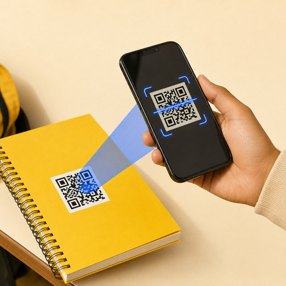 Phone scanning a QR code printed on a yellow notebook